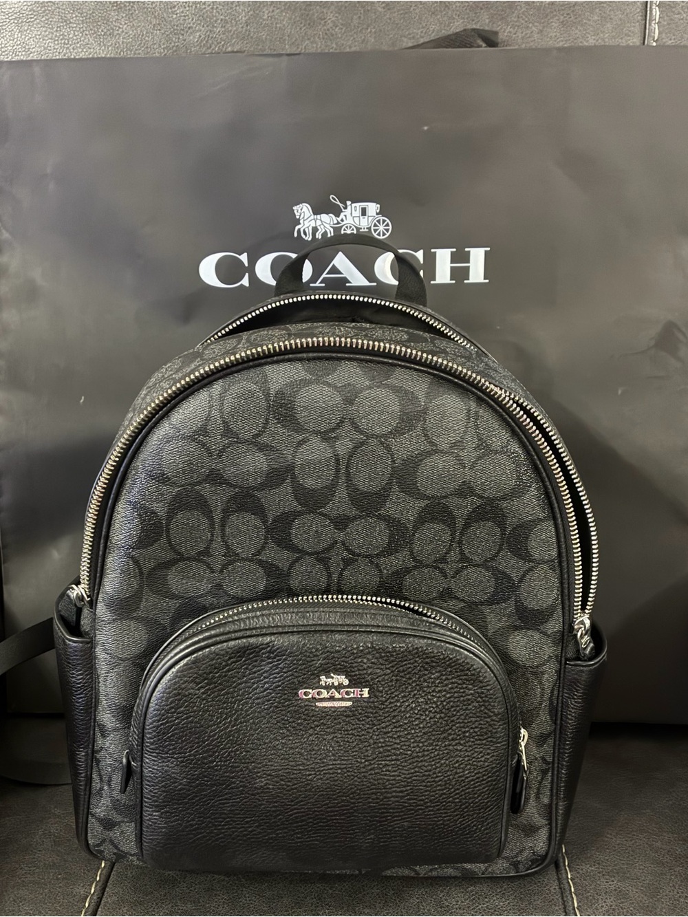 Coach Black Signature Coated Canvas women’s Backpack with Leather Trim